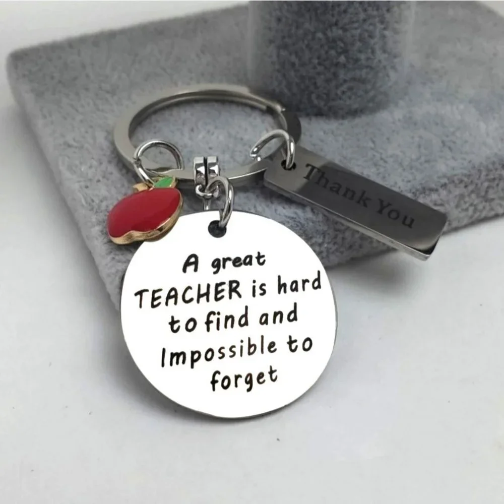 Teacher Gift Apple Thank You Keychain Silver Tone